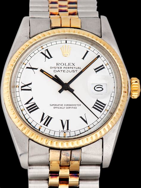 rolex two tone white buckley roman dial|Rolex buckley dial value.